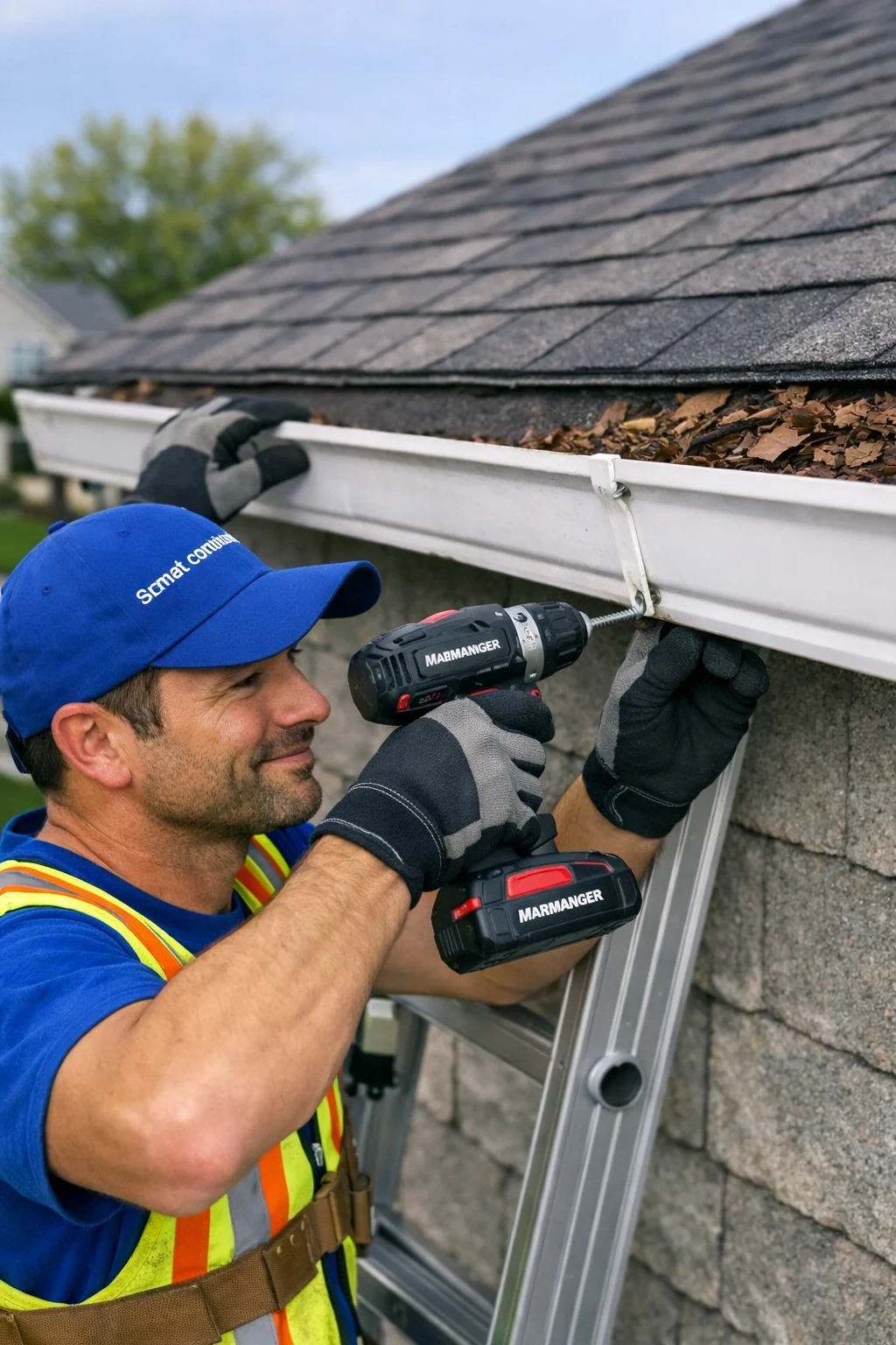 worker repairing the gutter