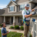 Professional technician on a ladder conducting a gutter inspection while a homeowner observes from the ground in Peoria, IL.