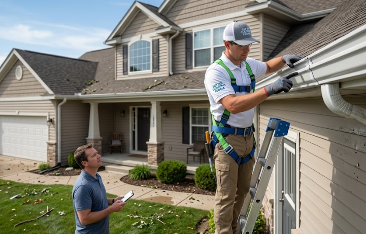 Professional technician on a ladder conducting a gutter inspection while a homeowner observes from the ground in Peoria, IL.