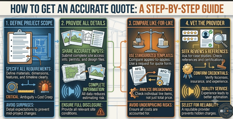 Infographic outlining a 4-step guide to getting an accurate project quote, including defining project scope, providing all details, comparing like-for-like quotes, and vetting the provider.
