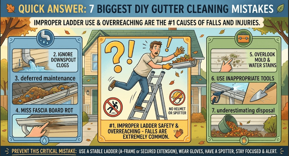 Infographic detailing 7 common errors Peoria homeowners make cleaning gutters: ladder instability, ignoring downspout clogs, deferred maintenance, missing fascia rot, overlooking mold, using harsh tools, and improper disposal.
