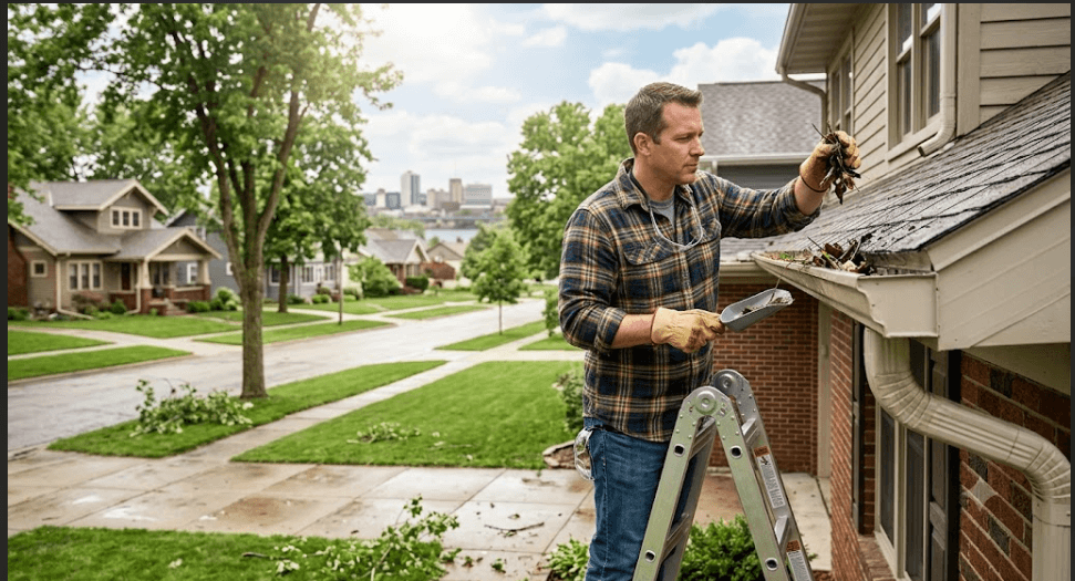 Homeowner on a ladder inspecting and cleaning clogged gutters after a storm in a Peoria, Illinois neighborhood.