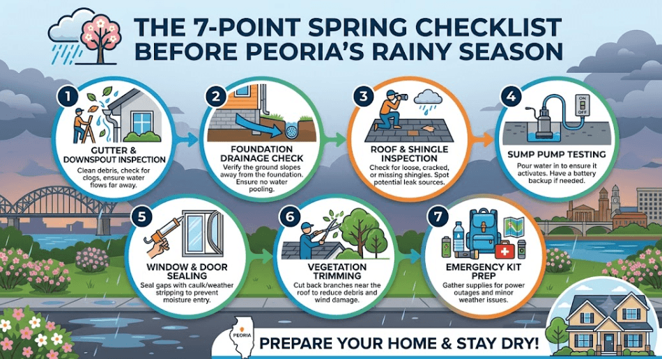 Infographic detailing a 7-point spring checklist to prepare Peoria homes for rainy weather, covering gutters, foundation slope, roof shingles, sump pumps, weather stripping, tree trimming, and emergency kits.