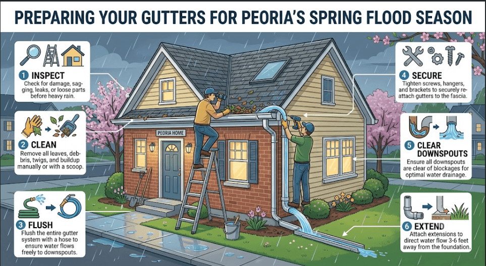 Infographic detailing six steps to prepare home gutters for Peoria's spring flood season, including inspecting, cleaning, flushing, securing, clearing downspouts, and adding extensions.