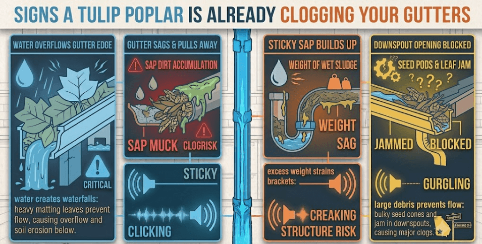 Infographic illustrating warning signs of tulip poplar debris clogging Peoria home gutters, including overflowing water, sap muck, and blocked downspouts.