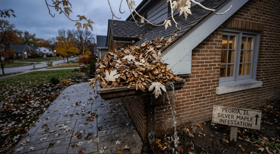 Infographic explaining how Silver Maple trees in Peoria, IL, drop winged seed pods in spring and broad leaves in fall, causing clogged gutters and fascia board rot.