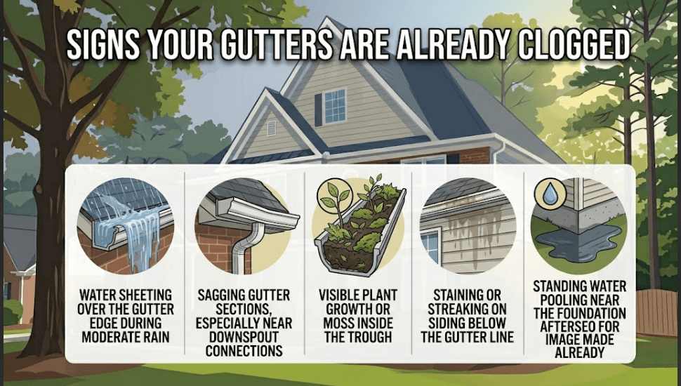 Infographic listing five common signs of clogged gutters: water sheeting over edges, sagging gutter sections, plant and moss growth in troughs, siding stains, and standing water near the foundation.