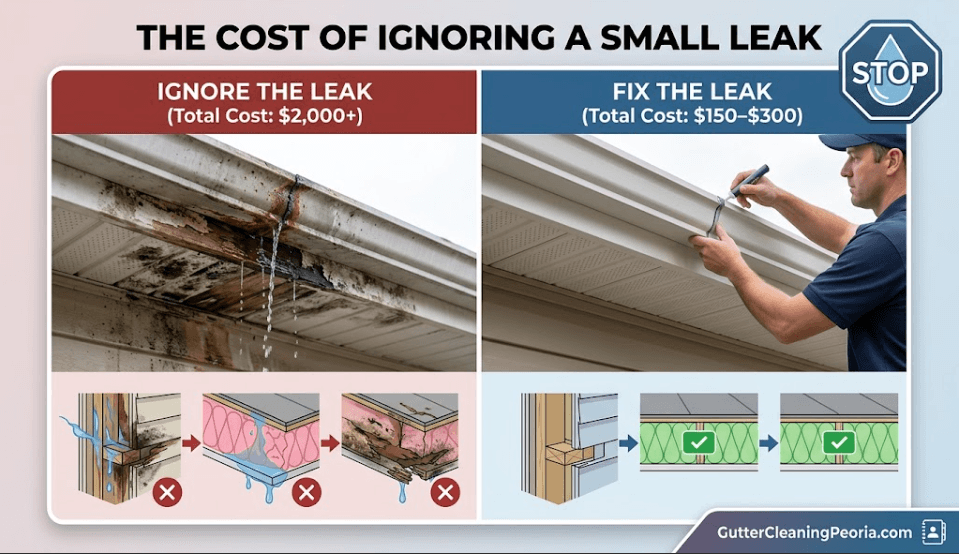 A side-by-side comparison illustrating the $150 to $300 cost of repairing a small gutter leak versus $2,000+ in wood rot and fascia repairs caused by neglecting the leak.