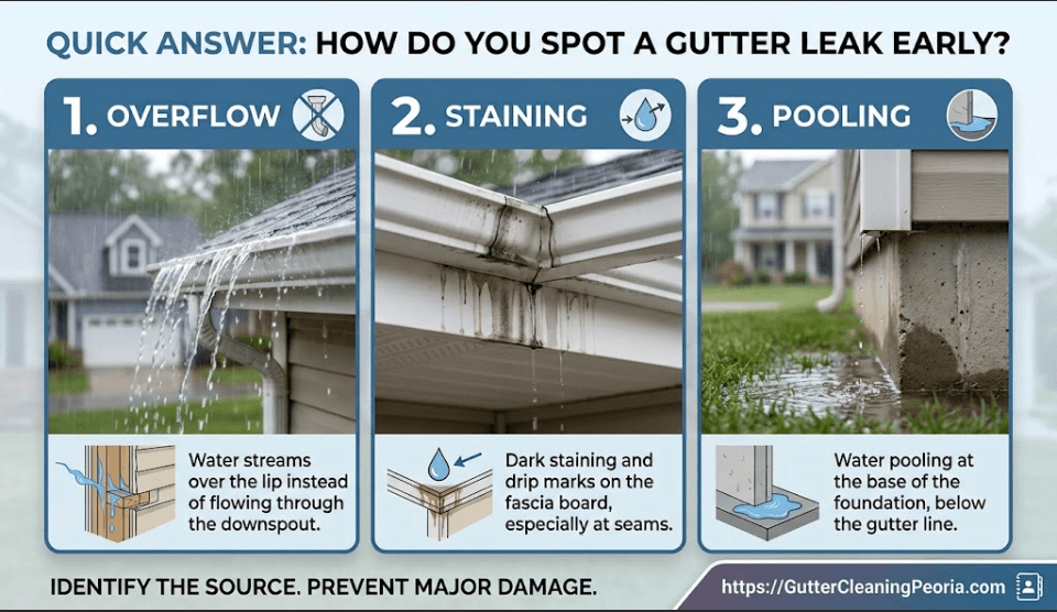 A three-step infographic showing how to spot a gutter leak early through overflow, fascia staining, and foundation pooling.