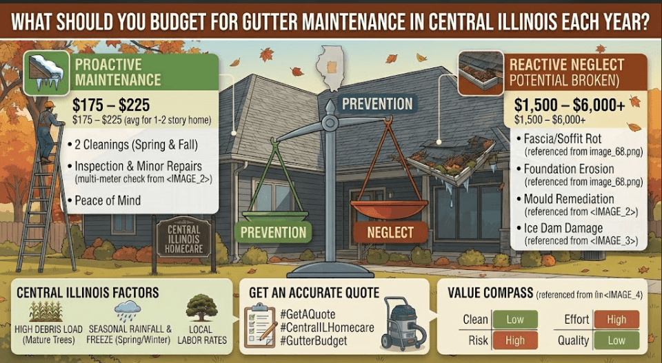 Infographic detailing annual gutter maintenance budget for Central Illinois homes. Shows proactive maintenance ($175–$225 for two cleanings) versus the high costs of reactive neglect ($1,500–$6,000+) including fascia rot, foundation erosion, and mold remediation.