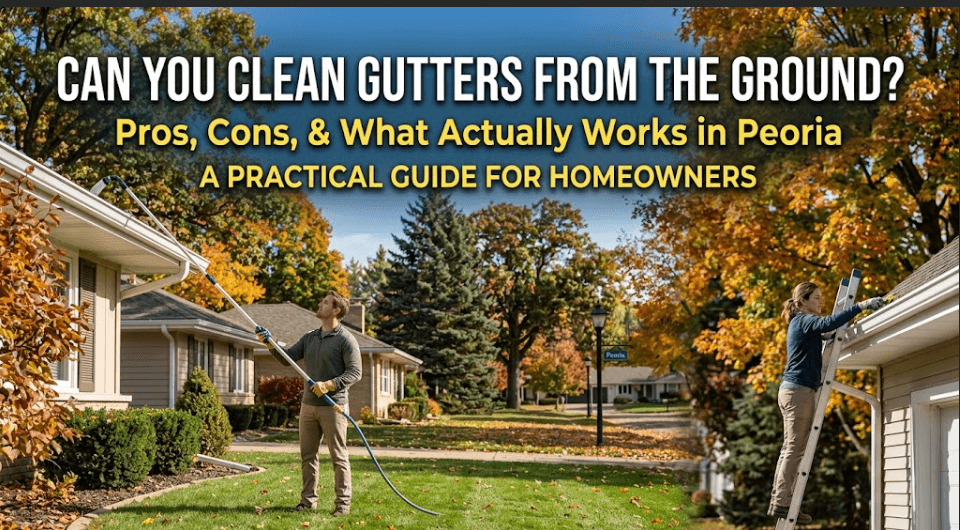 Infographic comparing cleaning gutters from the ground using a water wand extension versus using a traditional ladder on a residential home in Peoria, IL.