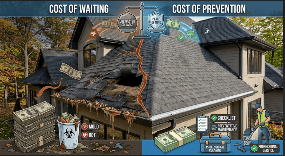 Infographic comparing $150 annual gutter maintenance to $6,000 emergency roof shingle replacement caused by ice dams"