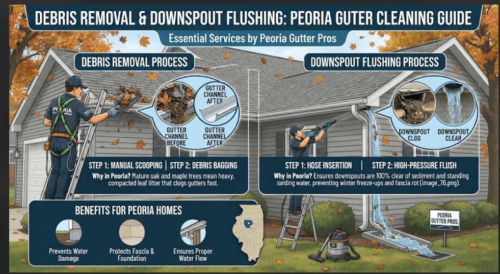 Infographic detailing the professional gutter debris removal and downspout flushing process in Peoria, IL. Shows manual scooping of packed leaf litter from oak and maple trees, followed by high-pressure hose flushing to ensure clear drainage and prevent foundation damage.