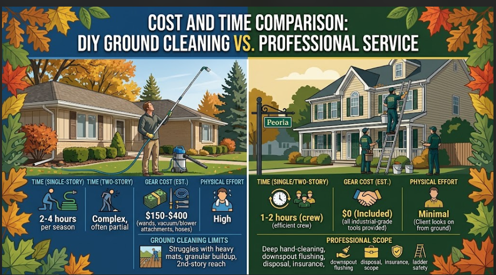 Infographic comparing the cost, time, and physical effort of DIY ground-level gutter cleaning versus hiring a professional service team in Peoria, IL.