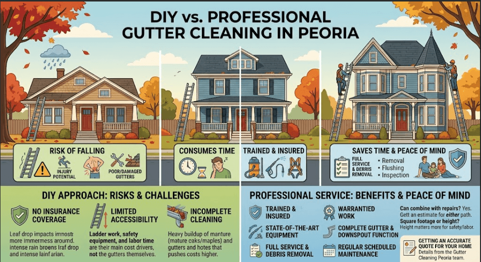 Infographic comparing DIY vs professional gutter cleaning in Peoria, IL. Left side shows a homeowner on an unsafe ladder with a hand trowel. Right side shows an insured professional team using safety harnesses, extension ladders, industrial gutter vacuums, and high-pressure flushing.