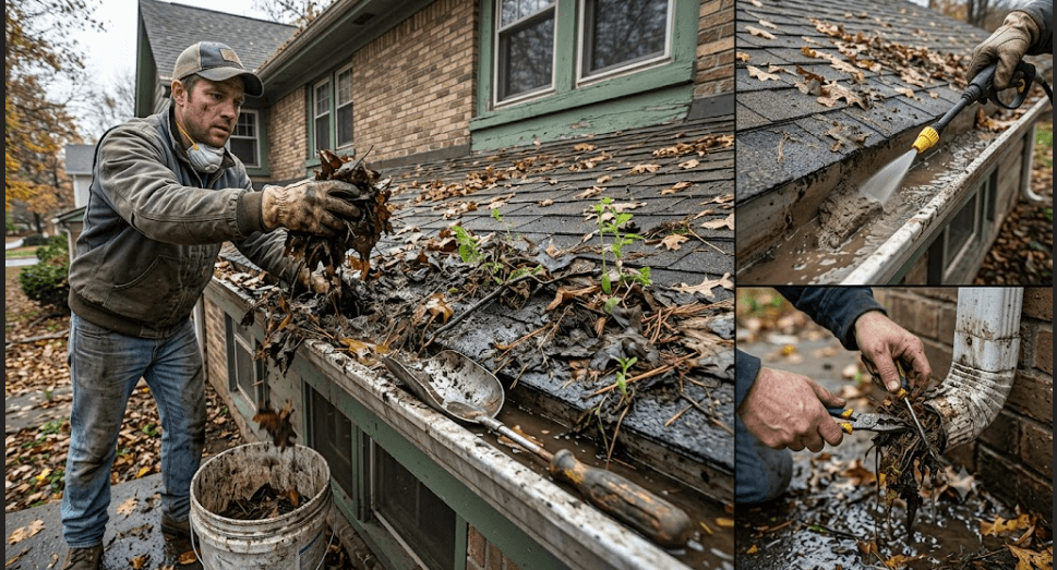 Step-by-step photos of clearing wet compacted leaves from gutters, pressure washing sludge, and unclogging downspout elbows.