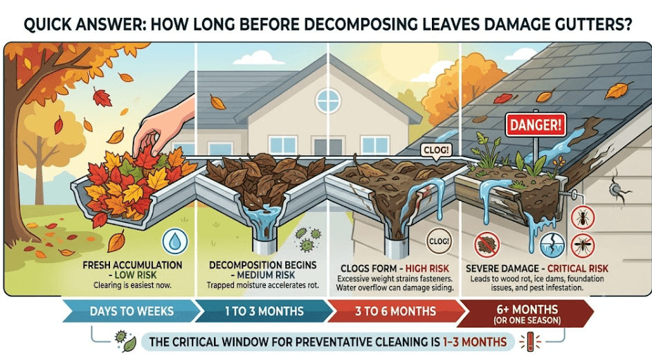 Timeline infographic showing how long decomposing leaves take to damage gutters, from 1-3 months medium rot risk to 6+ months critical wood rot, ice dams, and foundation issues.