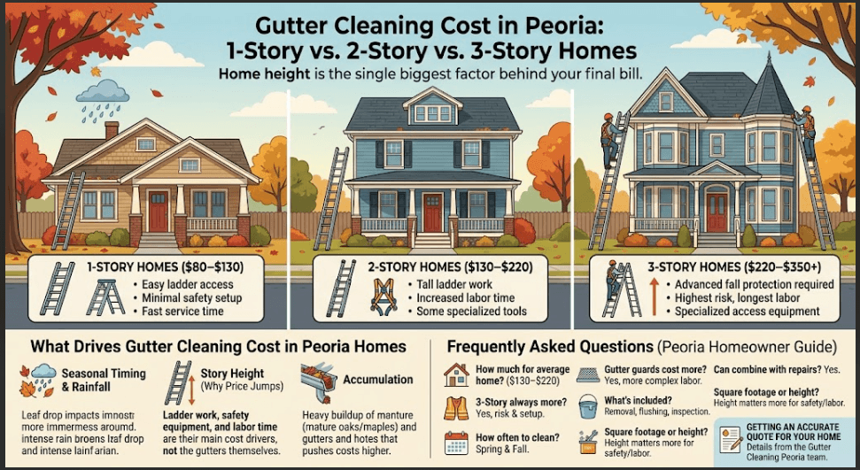 Infographic detailing the average gutter cleaning cost in Peoria, IL, for 1-story ($80–$130), 2-story ($130–$220), and 3-story ($220–$350+) homes.