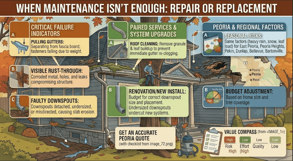 Infographic detailing when gutter maintenance isn't enough, highlighting critical failure indicators like pulling gutters, visible rust-through, and faulty downspouts in the Peoria, IL area. Includes sections on paired services like roof cleaning and new system budget considerations for East Peoria, Pekin, and surrounding areas.Infographic detailing when gutter maintenance isn't enough, highlighting critical failure indicators like pulling gutters, visible rust-through, and faulty downspouts in the Peoria, IL area. Includes sections on paired services like roof cleaning and new system budget considerations for East Peoria, Pekin, and surrounding areas.