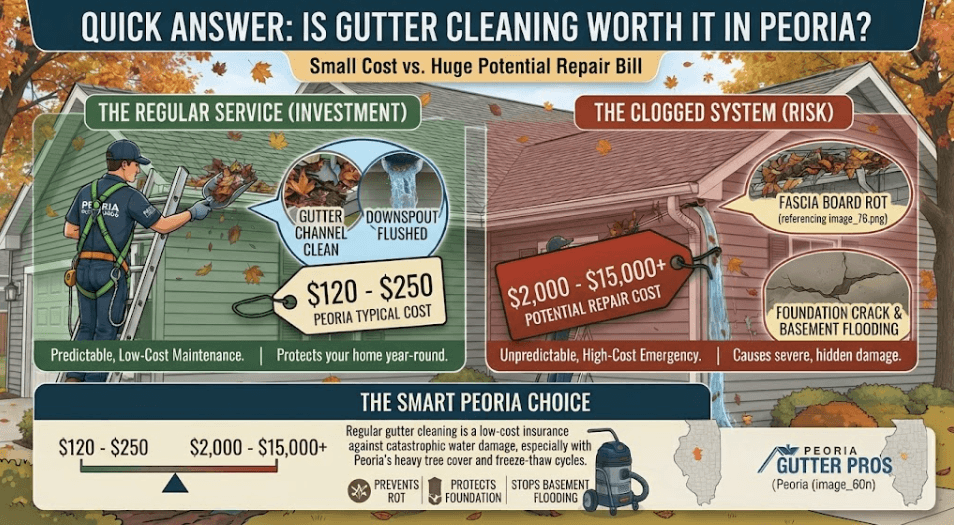 Infographic comparing the cost of regular gutter cleaning ($120-$250) against potential water damage and foundation repair bills ($2,000-$15,000+) in Peoria, IL, highlighting why routine maintenance protects home value.
