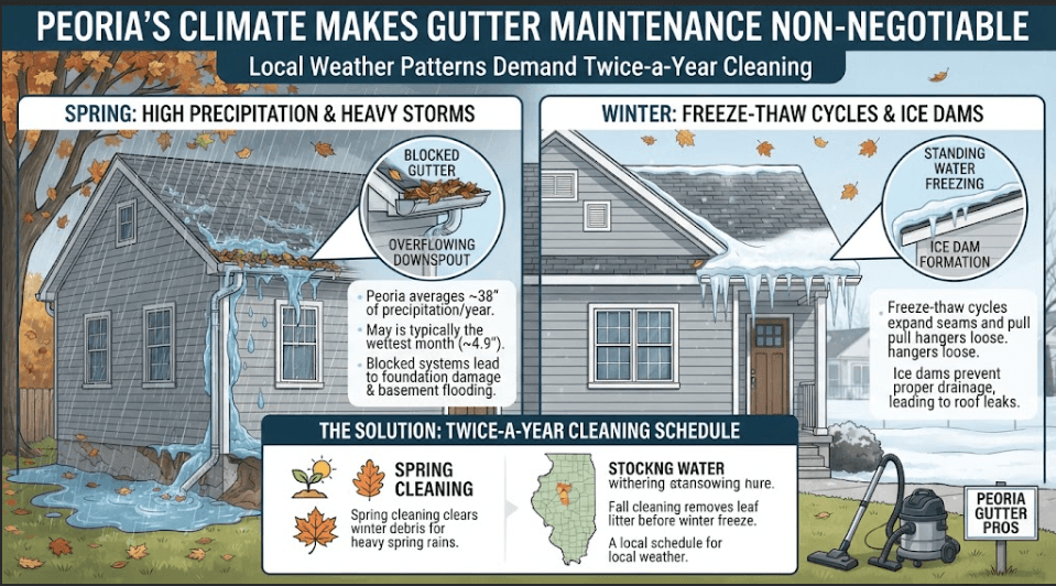 Infographic explaining why Peoria's local climate—averaging 38 inches of precipitation and severe freeze-thaw winter cycles—makes a twice-a-year gutter cleaning schedule non-negotiable for homeowners.