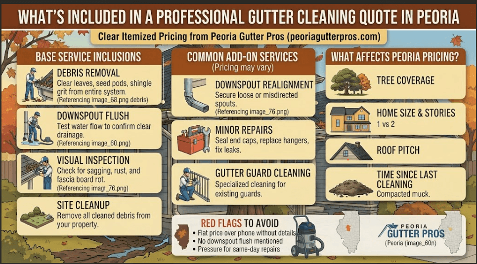 Infographic detailing what is included in a professional gutter cleaning quote in Peoria, IL. Breaks down base service inclusions like debris removal and downspout flushes, common add-on repairs, pricing factors, and red flags to avoid.