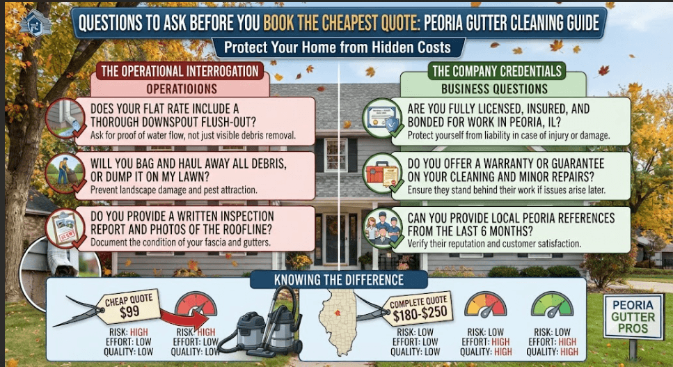 Infographic listing essential questions Peoria homeowners should ask before hiring a gutter cleaning service. Compares operational checks like downspout flushes and debris hauling against company credentials, licensing, and warranties.