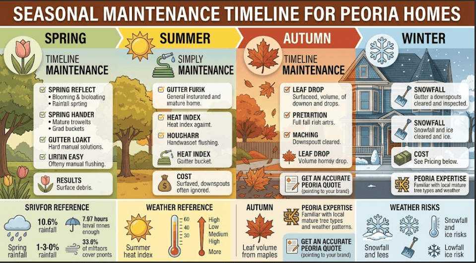 Infographic detailing a four-season home maintenance timeline for Peoria homes. Spring covers gutter clears and foundation checks; Summer focuses on landscaping and gutter guard inspection; Autumn highlights heavy maple leaf clearance and downspout flushing; Winter details snow burden removal and ice dam prevention.