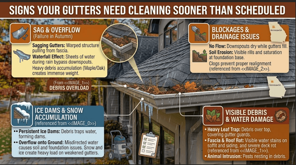 Infographic listing warning signs that gutters need cleaning sooner than scheduled, including sagging gutters, waterfall effect, soil erosion at the foundation, misdirected downspouts, ice dams, snow accumulation, and visible roof rot caused by heavy debris overload from maples and oaks.