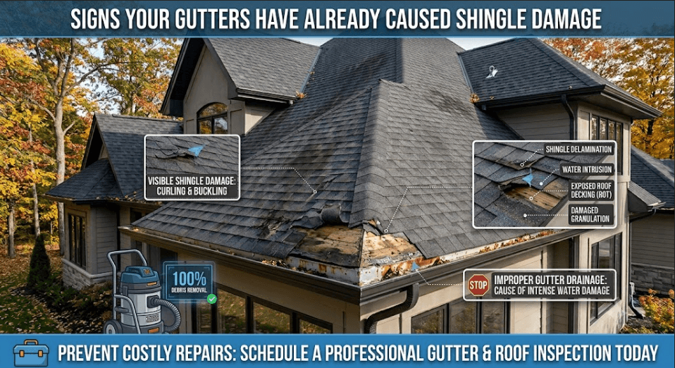 Infographic overlay on a residential roof showing critical damage: A large hole in the shingle roof with exposed, rotted wood decking and intense water intrusion at the gutter line. Annotations point to shingle delamination, damaged granulation, and visibly curling shingles, identifying improper gutter drainage as the primary cause. Includes a professional vacuum and a call-to-action for inspection.