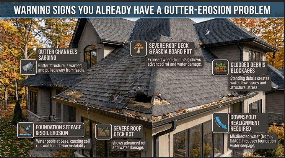 Infographic pointing out key warning signs of a gutter-erosion problem on a residential home, including foundation soil erosion, sagging gutter channels, severe roof deck rot, clogged debris blockages, and misdirected downspouts.