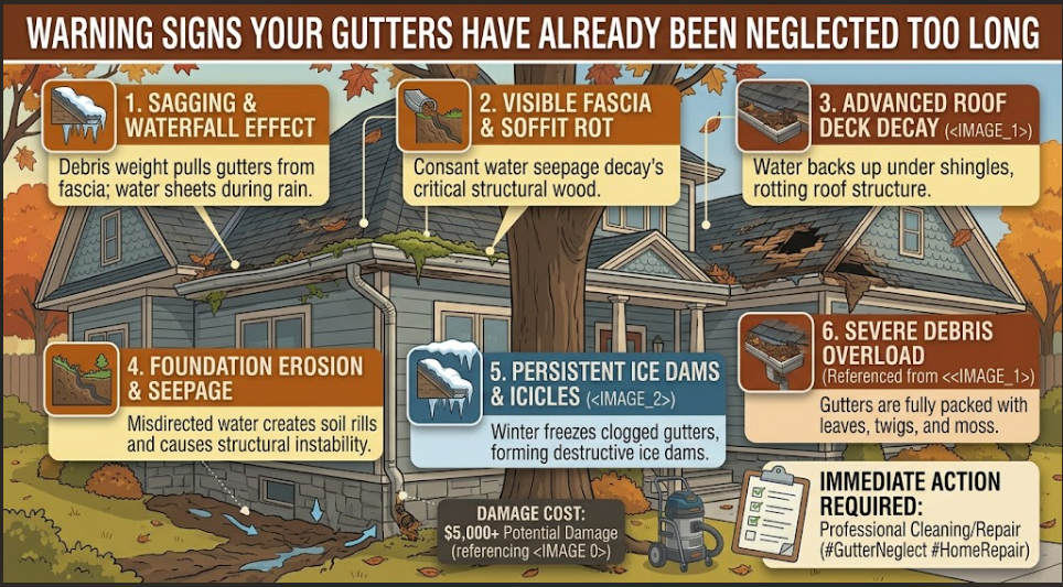 Infographic highlighting 6 critical warning signs of long-term gutter neglect: sagging gutters with waterfall effect, visible fascia and soffit rot, advanced roof deck decay, foundation erosion, persistent ice dams, and severe leaf debris overload.