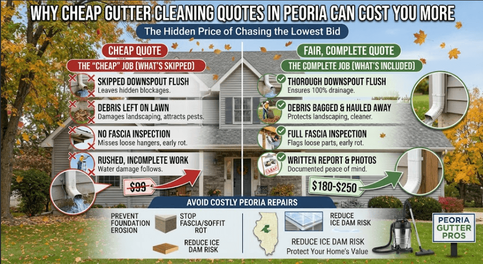 Infographic comparing cheap gutter cleaning quotes versus fair, complete professional quotes in Peoria, IL. Highlights skipped steps like missed downspout flushes and left debris on the left, compared to thorough cleaning, fascia inspections, and written reports on the right.