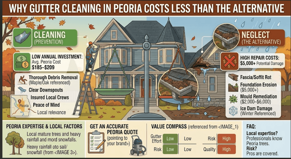 Infographic comparing preventative gutter cleaning costs in Peoria ($185–$209 avg.) against the high price of neglected gutters, including foundation repair ($5,000+), mold remediation ($2,000–$6,000), fascia board rot, and winter ice dam damage.