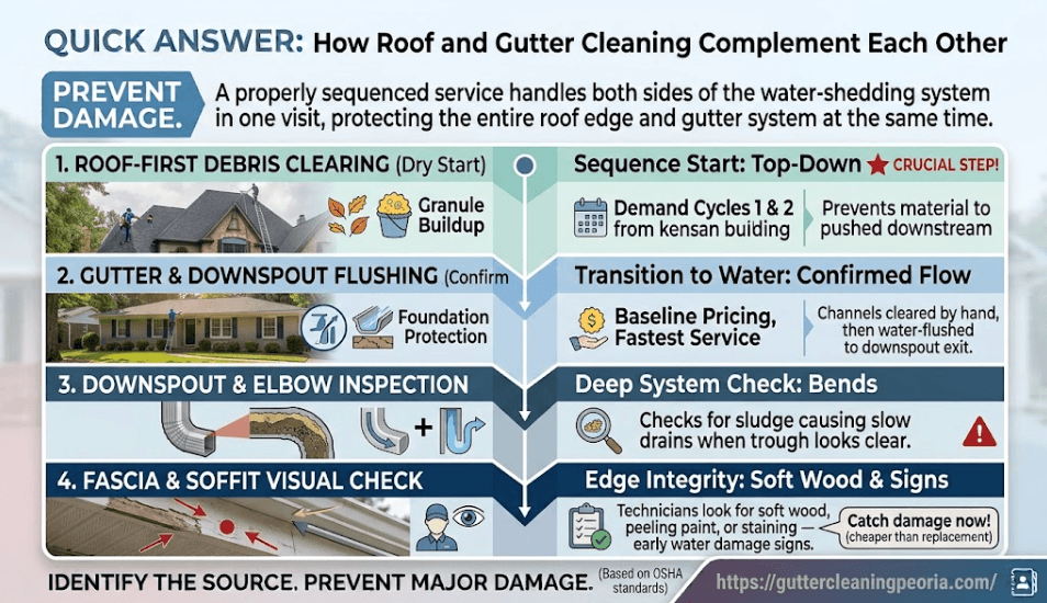 A sequenced flowchart illustrating how roof debris clearing, gutter flushing, downspout elbow inspections, and fascia checks work together for complete water drainage in Peoria.
