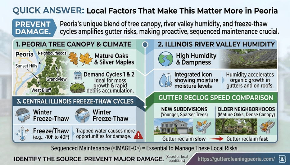 An infographic showing how Peoria's tree canopy in neighborhoods like Sunset Hills and West Bluff, Illinois River Valley humidity, and Central Illinois freeze-thaw cycles accelerate gutter clogs and winter damage.