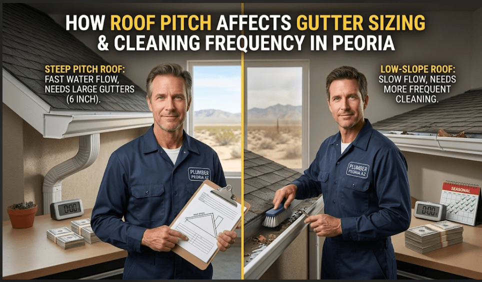 Professional comparison showing how roof pitch affects gutter sizing and cleaning frequency for a house in Peoria,