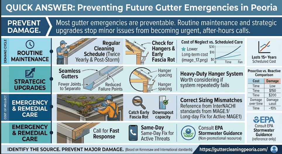An educational infographic detailing proactive steps to prevent gutter emergencies in Peoria, IL, including routine twice-yearly maintenance, seamless gutter upgrades, hanger inspections, and EPA-aligned stormwater management strategies.