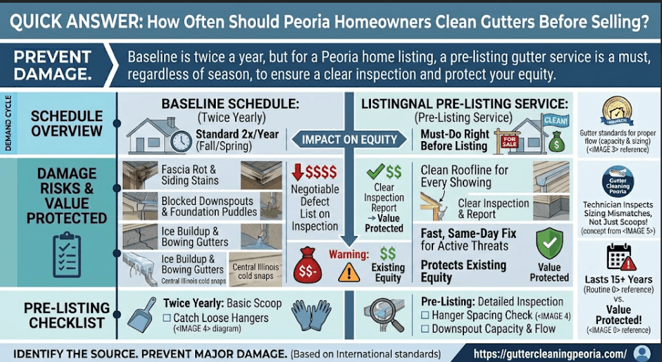An educational infographic outlining the gutter cleaning schedule for Peoria homeowners before listing their property for sale, comparing a standard twice-yearly baseline schedule against a critical pre-listing service to protect equity and pass inspection.