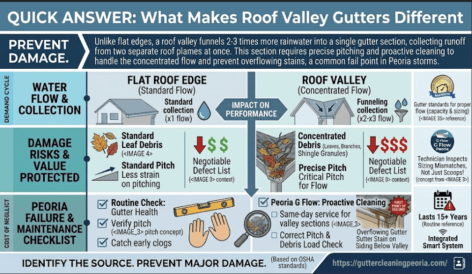 A comparative technical infographic showing how roof valley gutters handle 2 to 3 times more rainwater and debris flow than flat roof edges, illustrating pitch requirements, risk factors, and failure points for Peoria, IL homes.