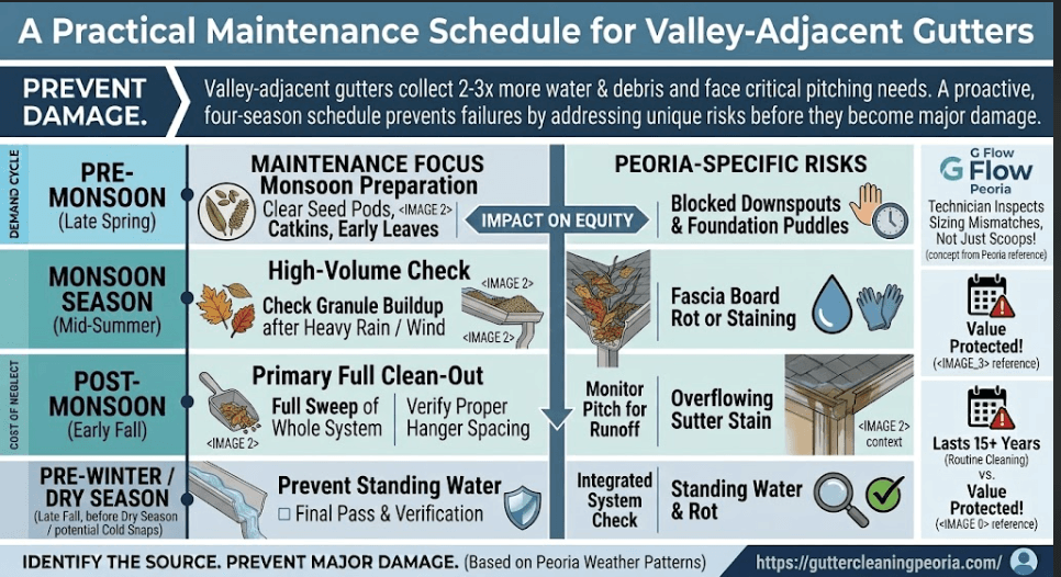 An educational infographic outlining a four-season gutter maintenance schedule for Peoria, IL, comparing 'Maintenance Focus' and 'Peoria-Specific Risks' for Pre-Monsoon (Spring), Monsoon Season (Summer), Post-Monsoon (Fall), and Pre-Winter (Dry Season) with a focus on impact on home equity.