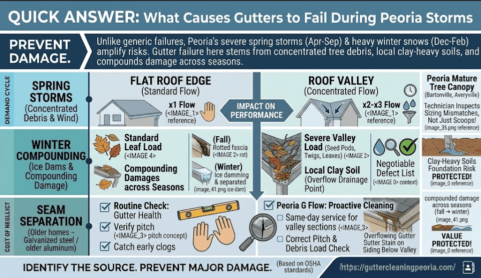 Technical infographic detailing why gutters fail during Peoria storms, highlighting factors like mature tree debris, clay-heavy soils, seam separation on older homes, and seasonal compounding damage.