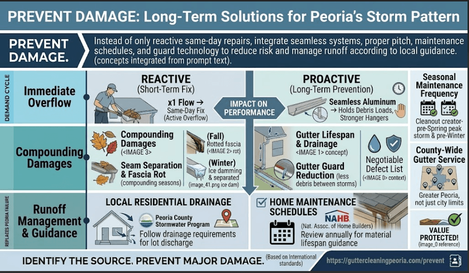 A comparative technical infographic outlining long-term solutions to prevent repeat storm damage in Peoria, contrasting reactive same-day fixes with proactive measures like seamless aluminum gutters, Peoria County stormwater compliance, and NAHB maintenance guidelines.