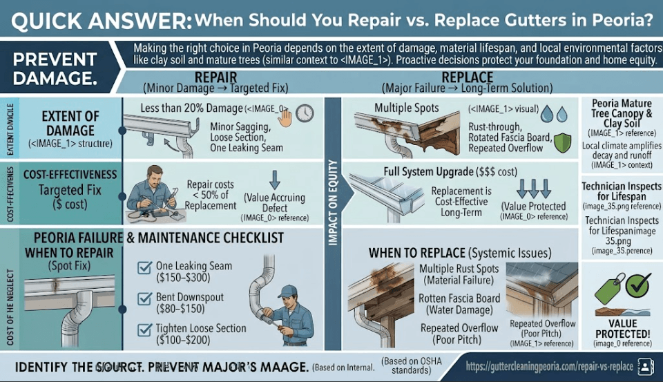 A comparative decision-making infographic for Peoria, IL homeowners, outlining when to repair minor gutter damage versus when to replace failing systems due to rust, fascia rot, or repeated overflow.