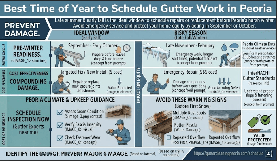 A strategic scheduling infographic for Peoria, IL homeowners, highlighting early fall (September to October) as the ideal window for gutter repairs and replacements before winter freezes and heavy precipitation arrive.