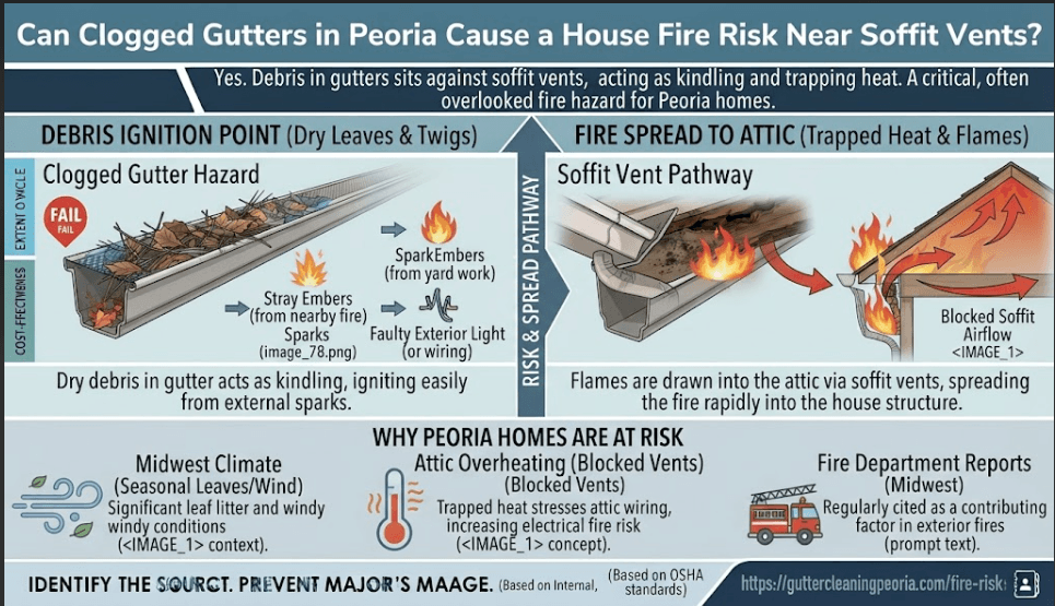 An educational safety infographic for Peoria, IL homeowners explaining how clogged gutters trap debris against soffit vents, acting as kindling for stray sparks and increasing the risk of attic fires.