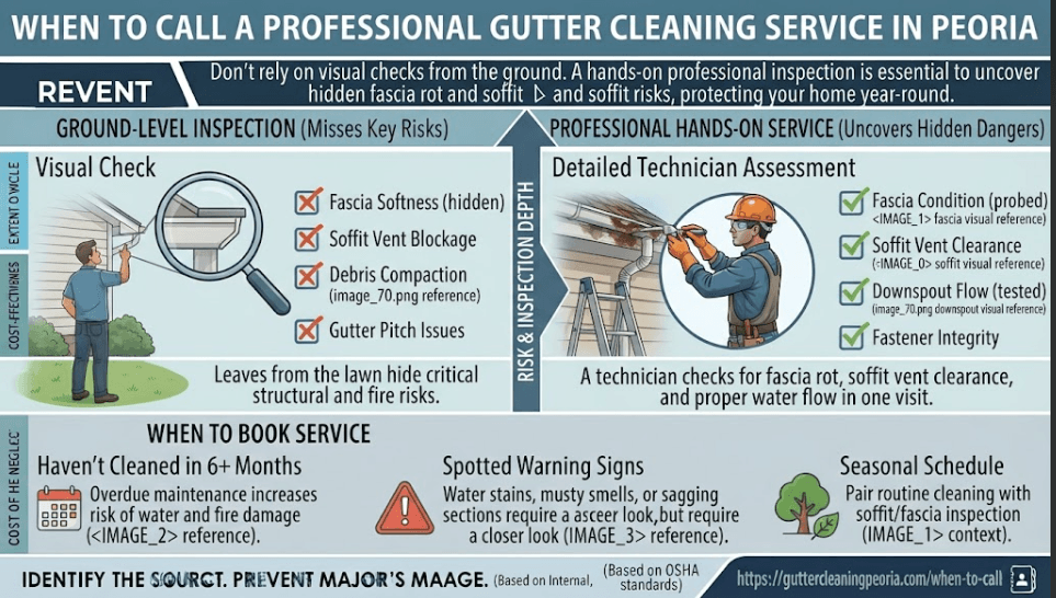 A professional service comparison infographic for Peoria, IL homeowners, contrasting limited ground-level visual checks with comprehensive hands-on technician inspections of soffit vents, fascia boards, and downspout flow.