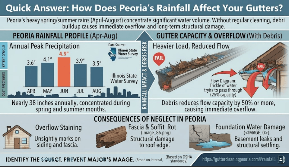 A climate and rainfall infographic for Peoria, IL, illustrating how heavy spring and summer precipitation data from the Illinois State Water Survey overwhelms clogged gutters, leading to fascia rot and foundation damage.