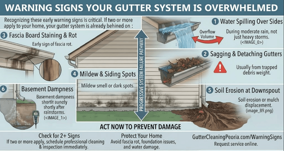 A home maintenance warning sign infographic for Peoria, IL, detailing six critical indicators of an overwhelmed gutter system, including water overflow, sagging brackets, fascia staining, and foundation dampness.
