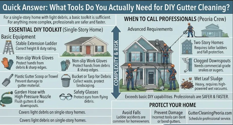 An essential toolkit and safety infographic for Peoria, IL, comparing basic DIY gutter cleaning supplies for single-story homes with professional equipment needed for multi-story properties and stubborn clogs.